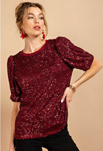 Merry Merlot Sequin Short Sleeve Top