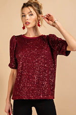 Merry Merlot Sequin Short Sleeve Top